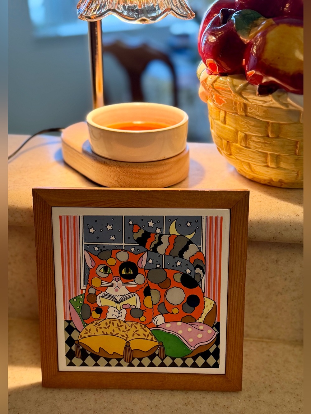 Decorative Cat Art Tile in Orange, Red & Multicolor - Framed Accent